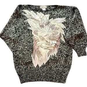 Nannell Vintage Lion Applique Metallic Knit Sweater Black & Silver Size L